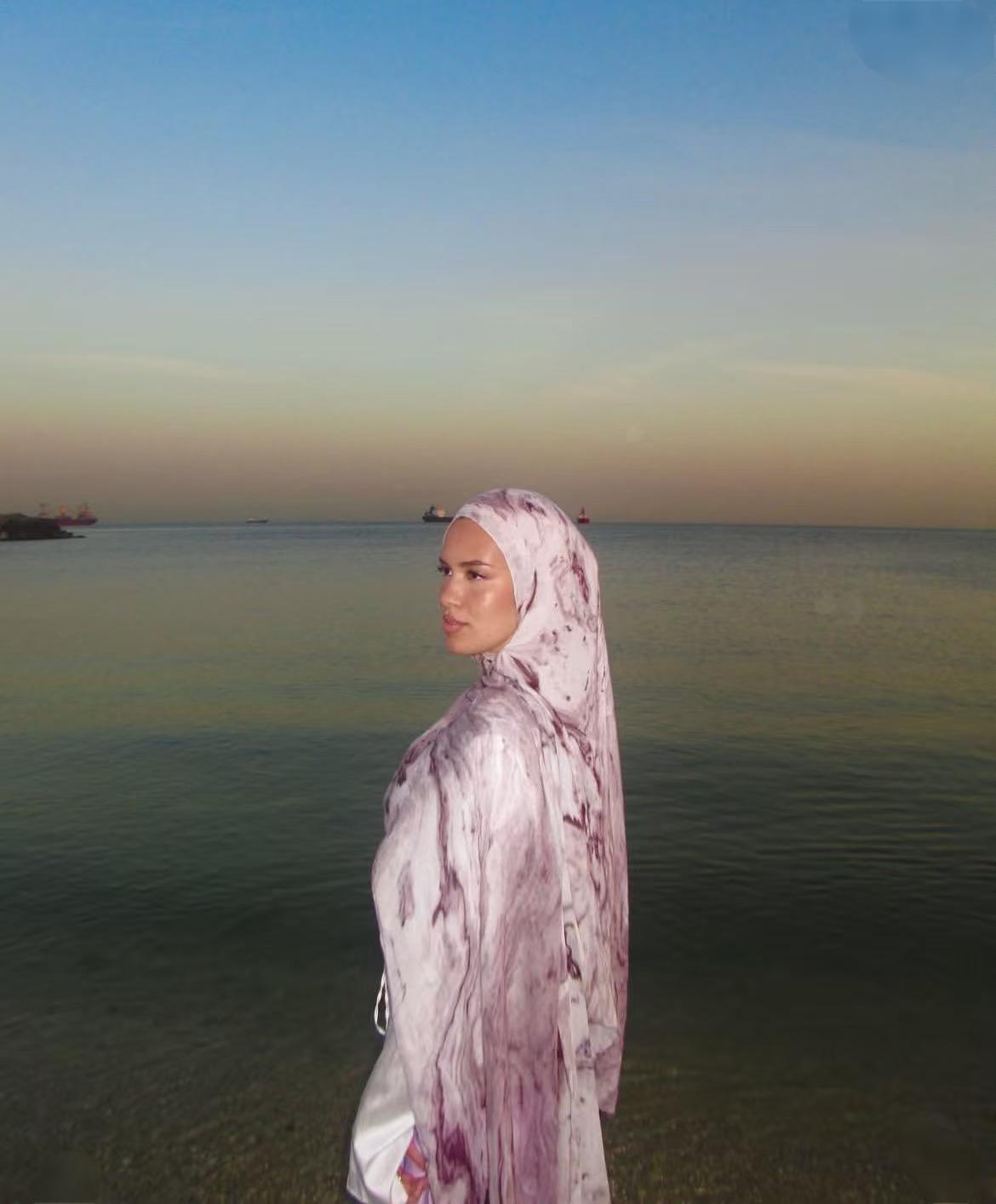 RY102 White Lavender Marble Ink Hijab Shawl – Floral Watercolor Women's Head Scarf (80×180cm) - Raya