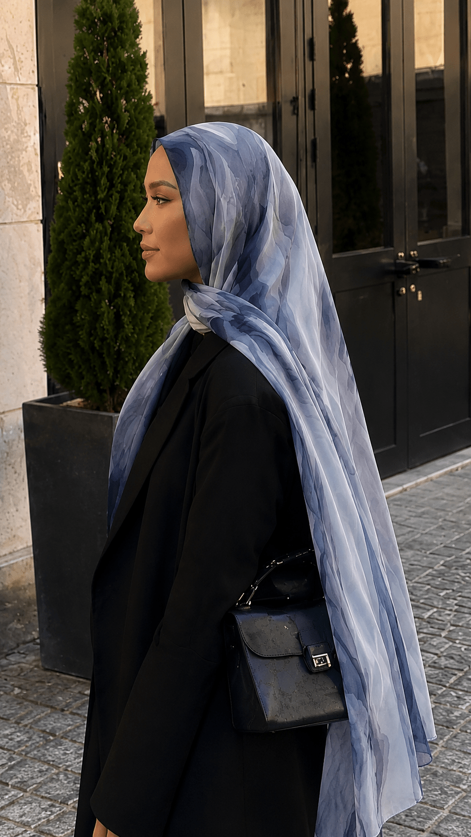 RY103 Navy Blue Grey Cloud Wash Hijab Shawl – Storm Watercolor Women's Head Scarf (80×180cm) - Raya
