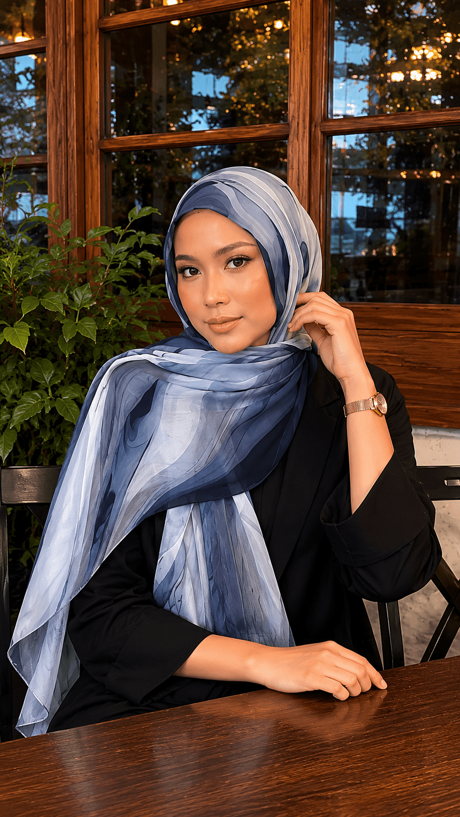 RY103 Navy Blue Grey Cloud Wash Hijab Shawl – Storm Watercolor Women's Head Scarf (80×180cm) - Raya