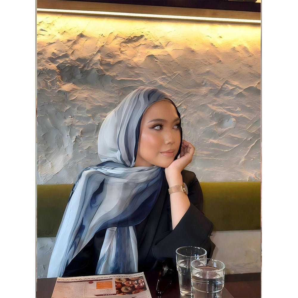 RY103 Navy Blue Grey Cloud Wash Hijab Shawl – Storm Watercolor Women's Head Scarf (80×180cm) - Raya