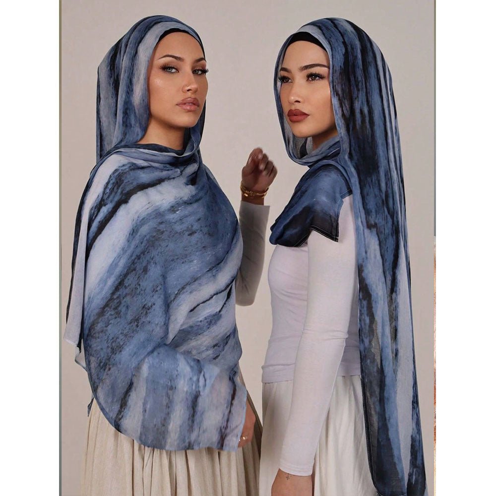 RY107 Denim Blue White Marble Cloud Hijab Shawl – Watercolor Women's Head Scarf (80×180cm) - Raya