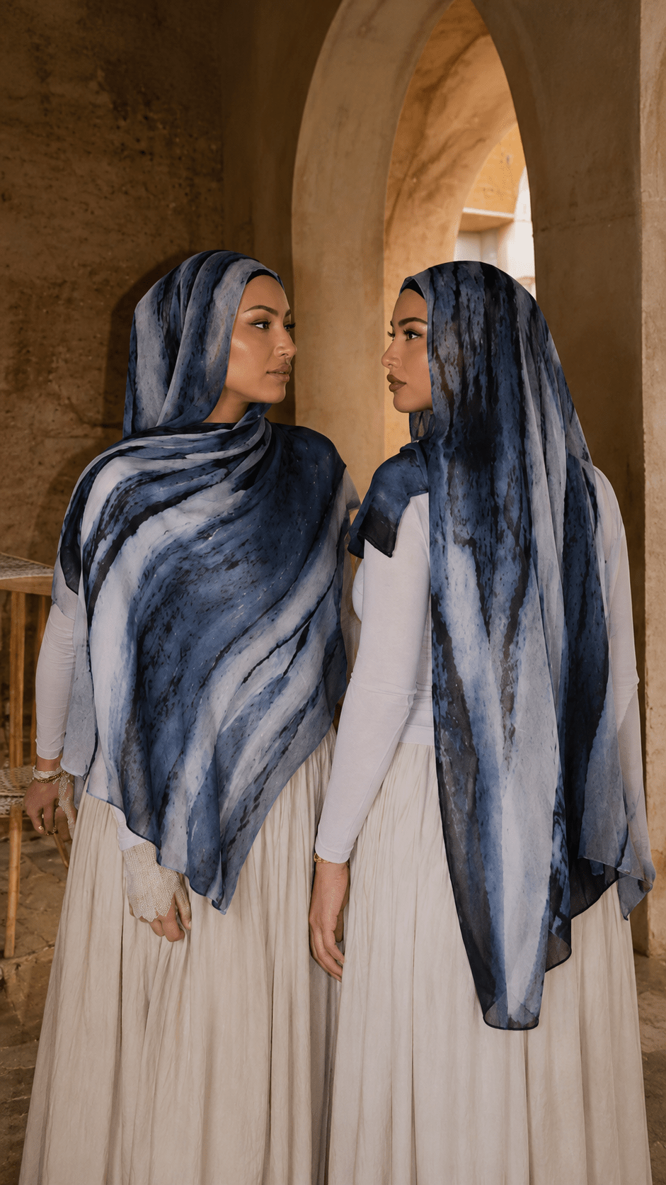 RY107 Denim Blue White Marble Cloud Hijab Shawl – Watercolor Women's Head Scarf (80×180cm) - Raya
