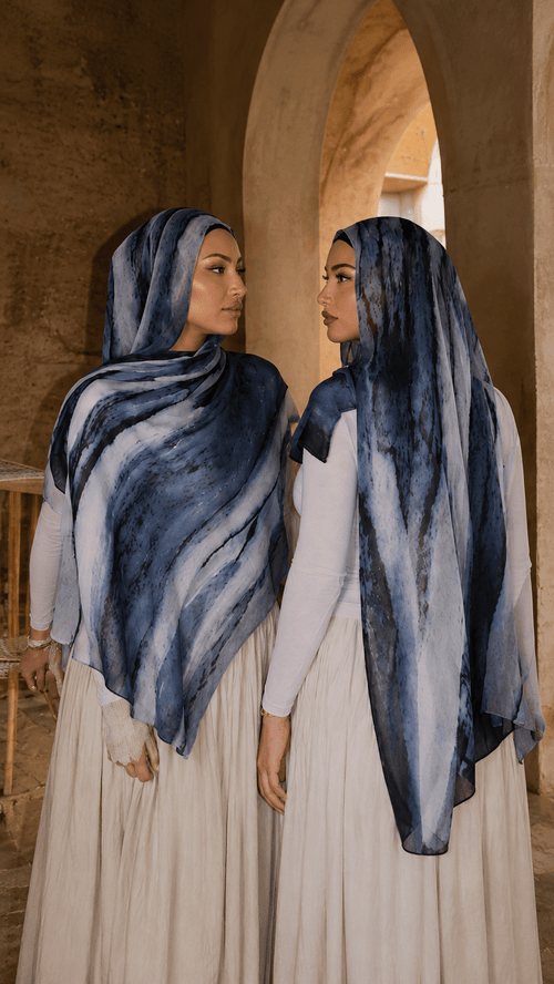 RY107 Denim Blue White Marble Cloud Hijab Shawl – Watercolor Women's Head Scarf (80×180cm) - Raya