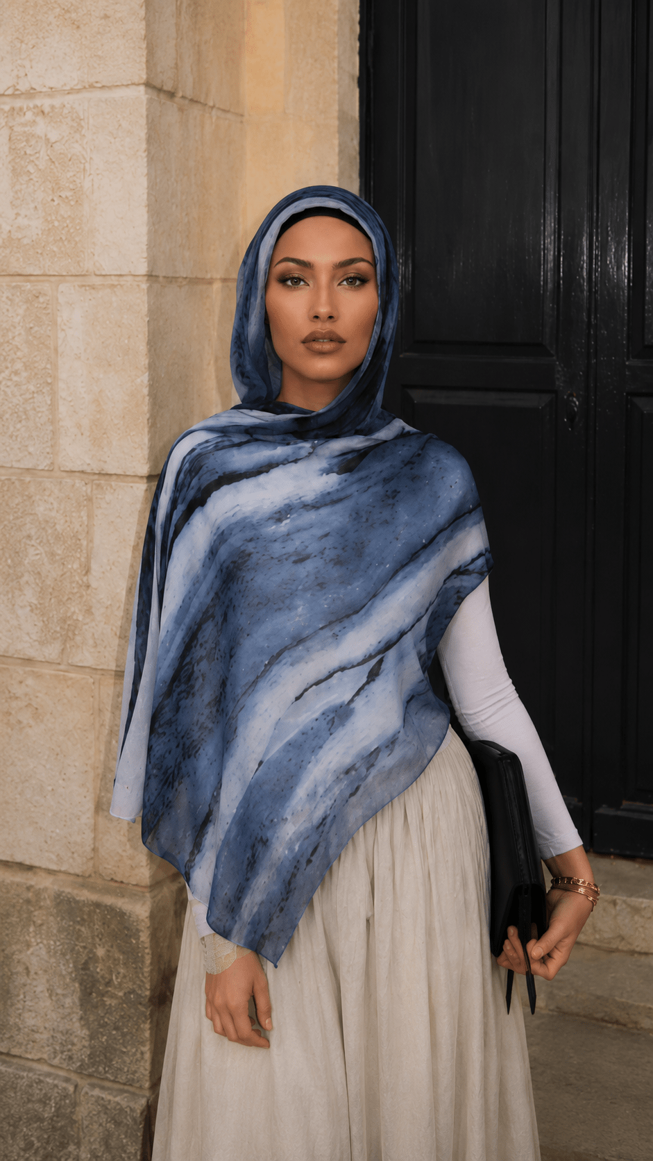 RY107 Denim Blue White Marble Cloud Hijab Shawl – Watercolor Women's Head Scarf (80×180cm) - Raya