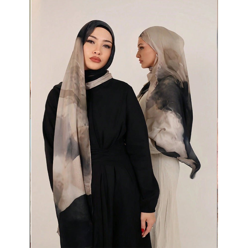 RY109 Taupe Grey Black Ink Cloud Hijab Shawl – Smoke Watercolor Women's Head Scarf (80×180cm) - Raya