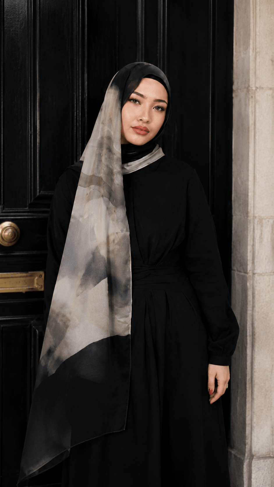 RY109 Taupe Grey Black Ink Cloud Hijab Shawl – Smoke Watercolor Women's Head Scarf (80×180cm) - Raya