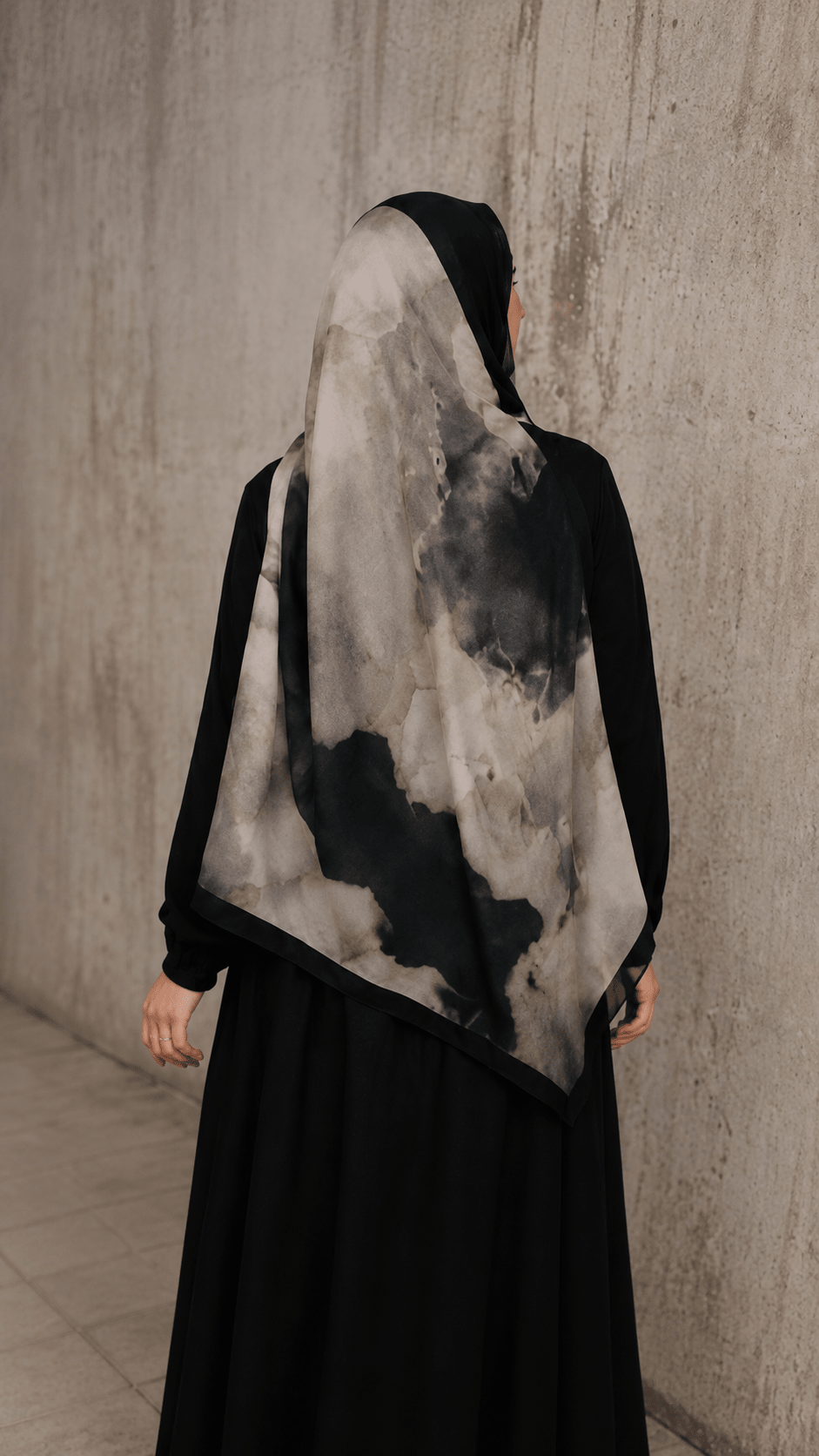 RY109 Taupe Grey Black Ink Cloud Hijab Shawl – Smoke Watercolor Women's Head Scarf (80×180cm) - Raya
