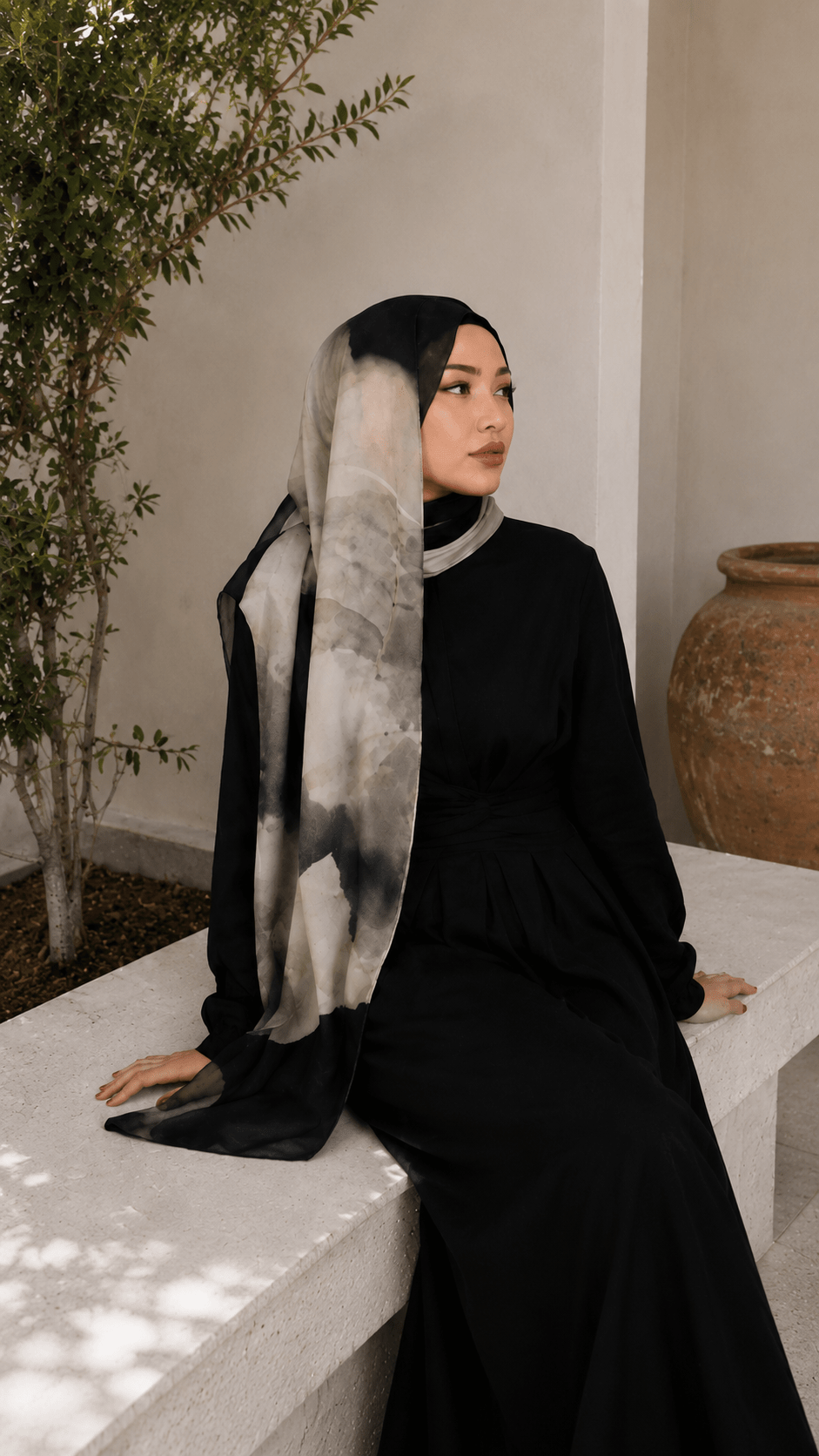 RY109 Taupe Grey Black Ink Cloud Hijab Shawl – Smoke Watercolor Women's Head Scarf (80×180cm) - Raya