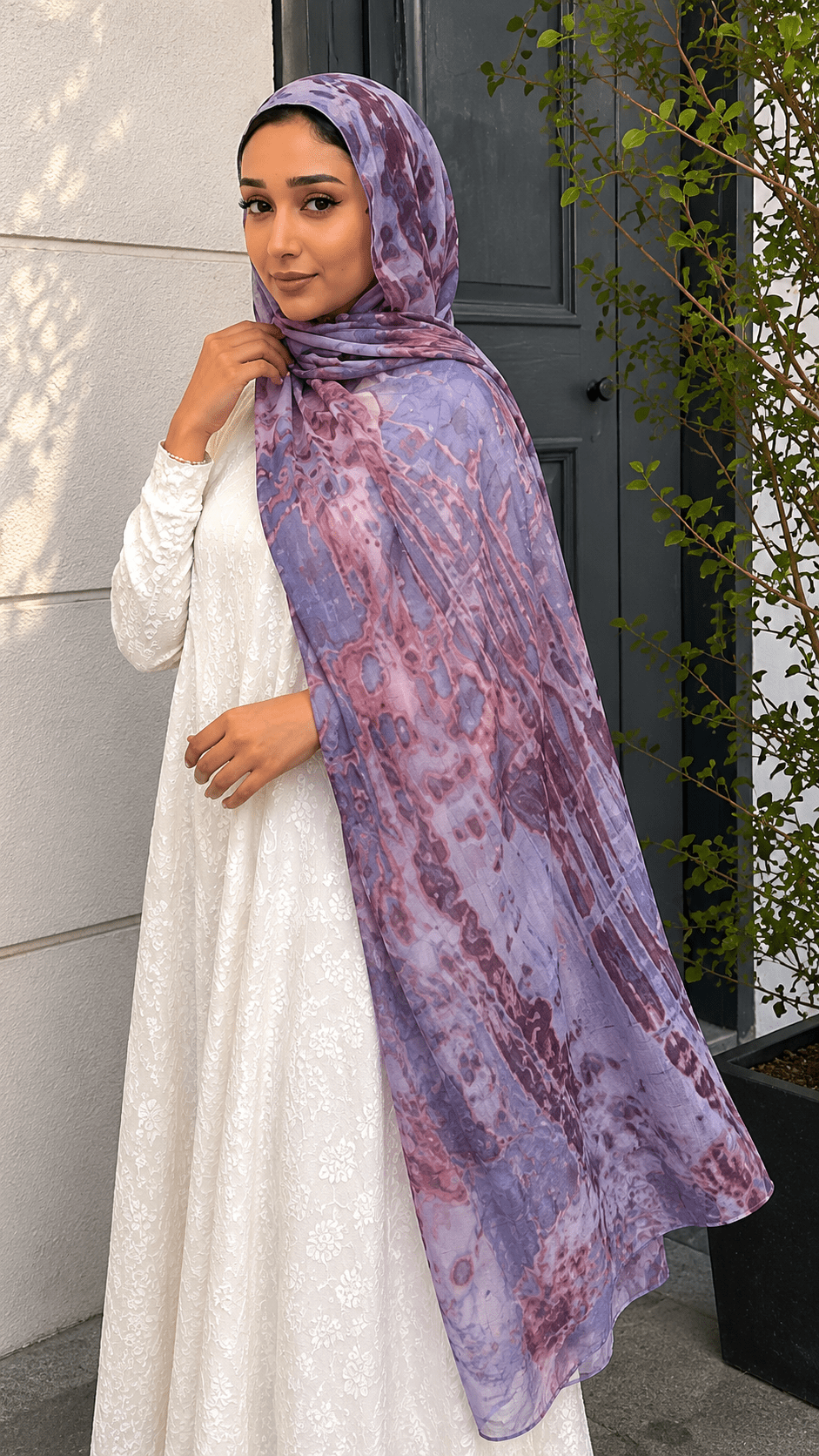 RY112 Lavender Grey Rose Brown Crackle Shibori Hijab Shawl – Women's Head Scarf (80×180cm) - Raya