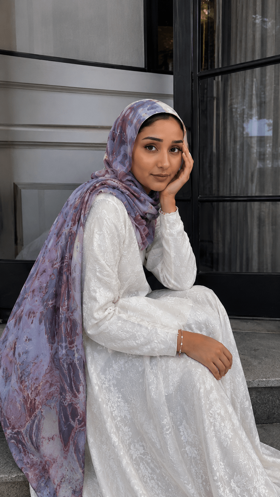 RY112 Lavender Grey Rose Brown Crackle Shibori Hijab Shawl – Women's Head Scarf (80×180cm) - Raya