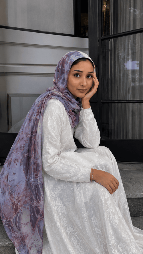 RY112 Lavender Grey Rose Brown Crackle Shibori Hijab Shawl – Women's Head Scarf (80×180cm) - Raya