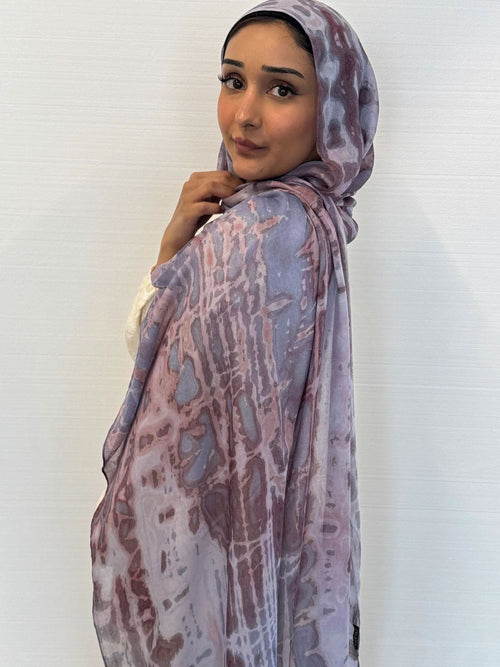RY112 Lavender Grey Rose Brown Crackle Shibori Hijab Shawl – Women's Head Scarf (80×180cm) - Raya