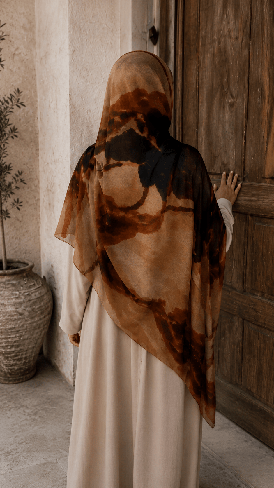 RY113 Camel Brown Black Lava Marble Hijab Shawl – Agate Flow Women's Head Scarf (80×180cm) - Raya