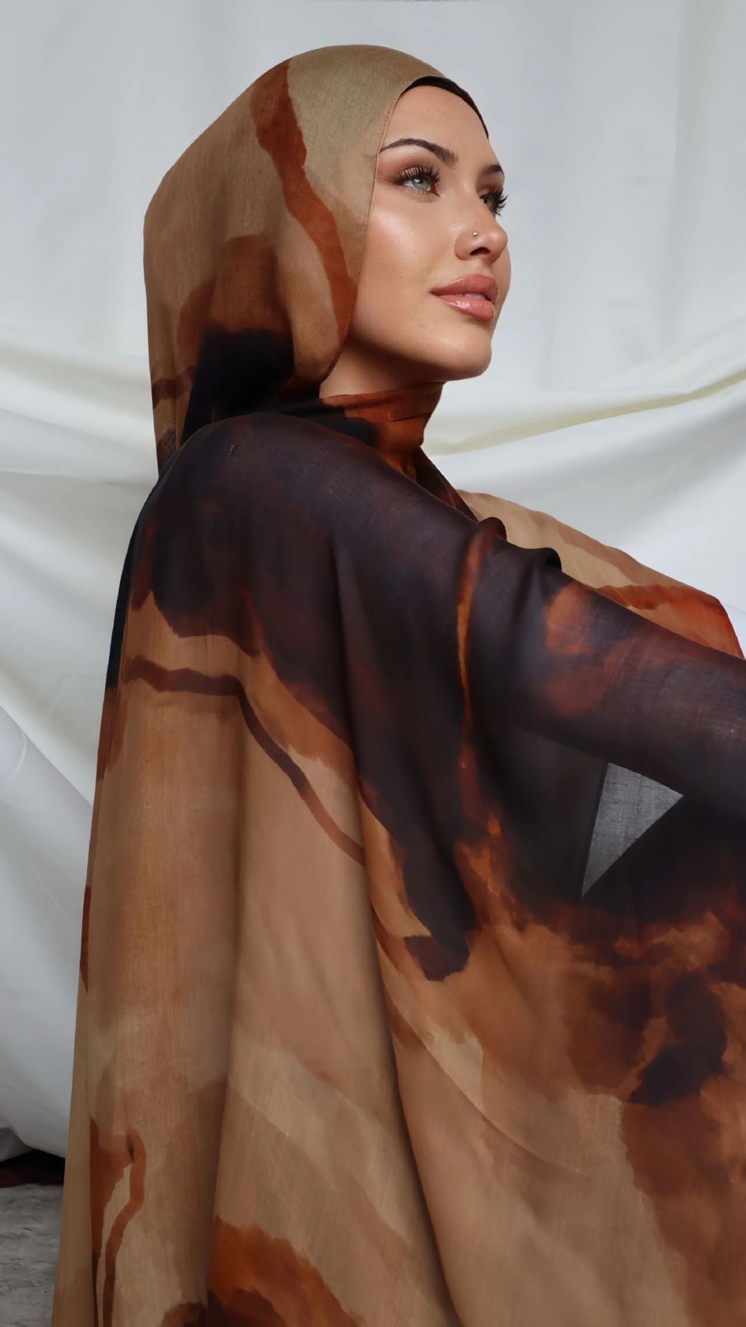 RY113 Camel Brown Black Lava Marble Hijab Shawl – Agate Flow Women's Head Scarf (80×180cm) - Raya