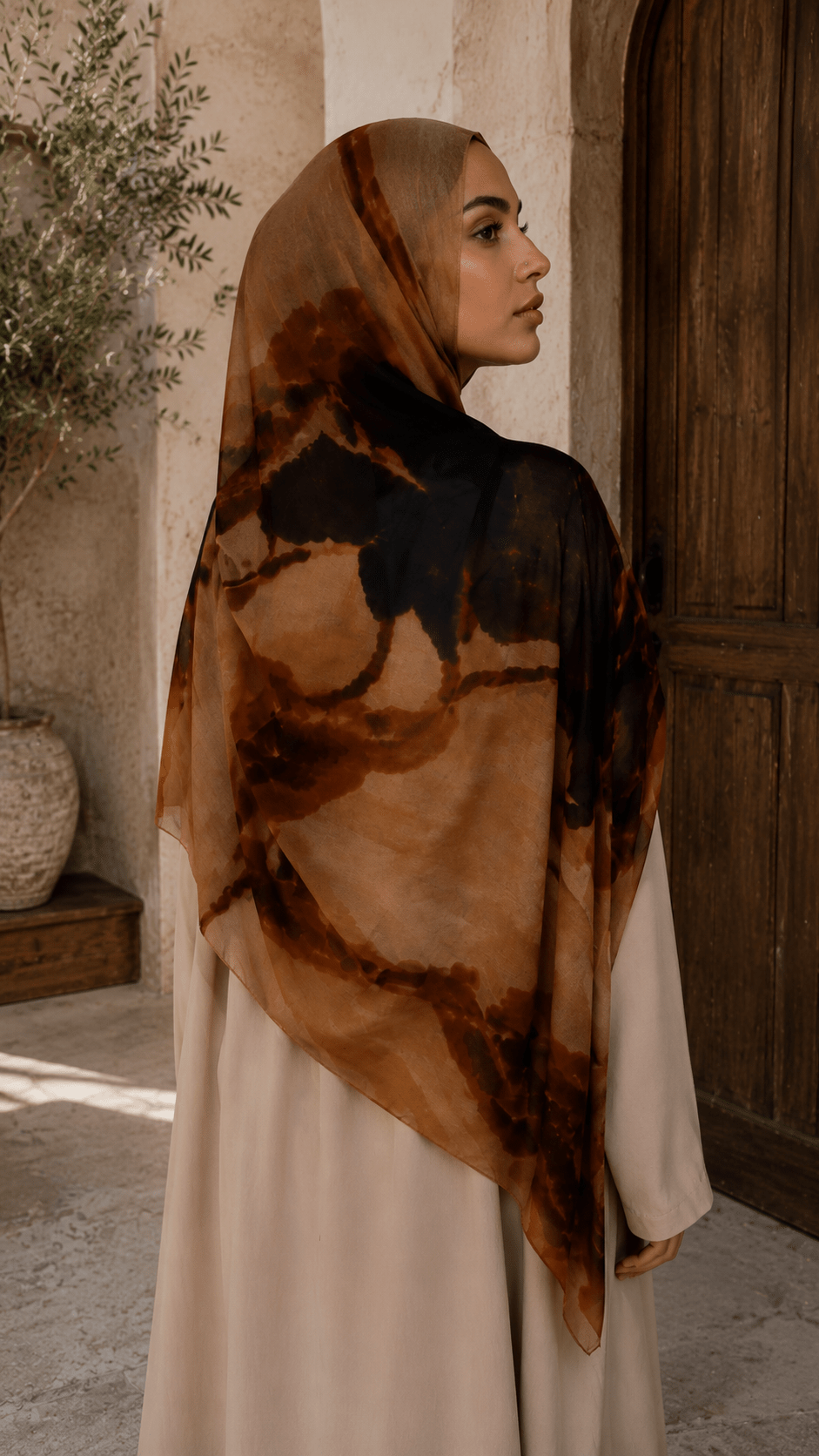 RY113 Camel Brown Black Lava Marble Hijab Shawl – Agate Flow Women's Head Scarf (80×180cm) - Raya
