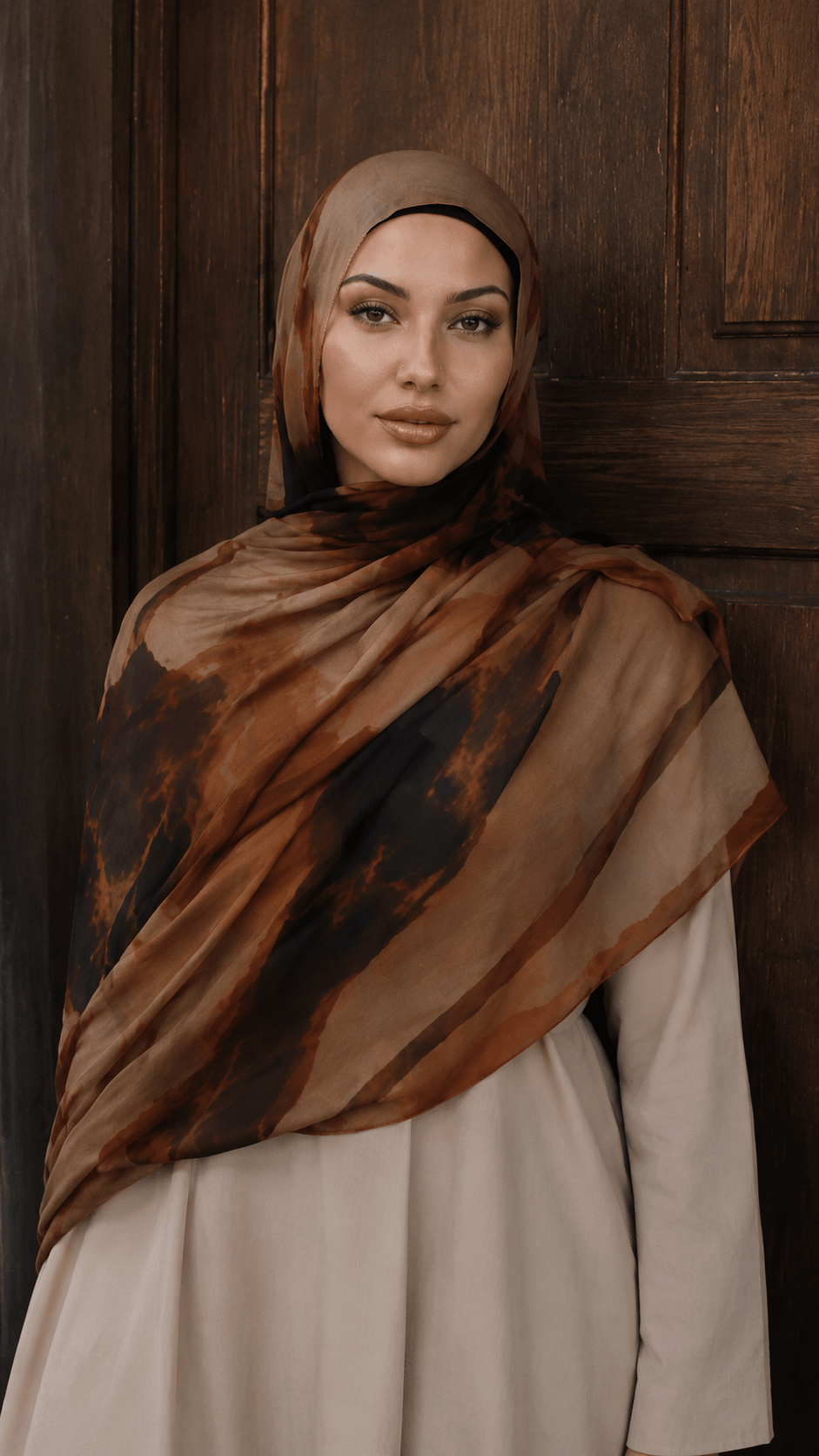 RY113 Camel Brown Black Lava Marble Hijab Shawl – Agate Flow Women's Head Scarf (80×180cm) - Raya