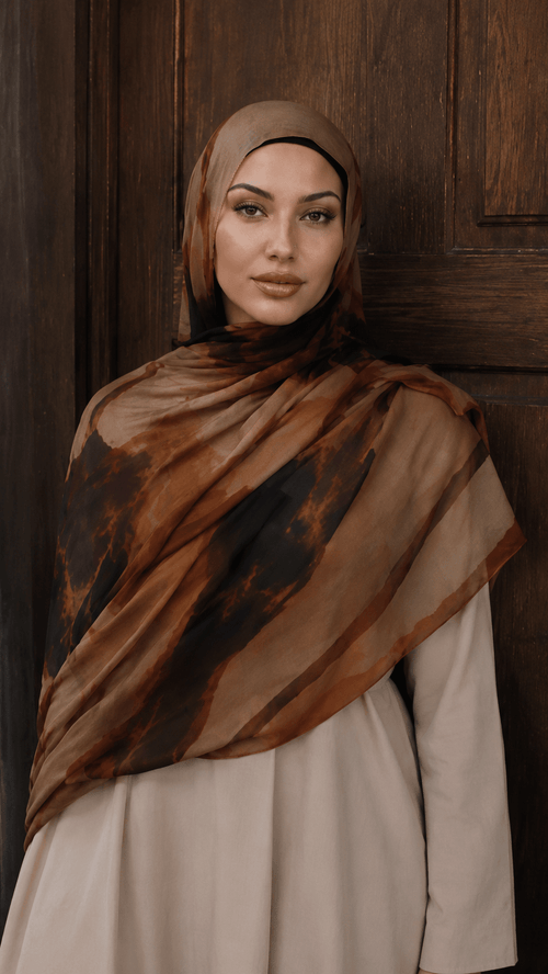 RY113 Camel Brown Black Lava Marble Hijab Shawl – Agate Flow Women's Head Scarf (80×180cm) - Raya