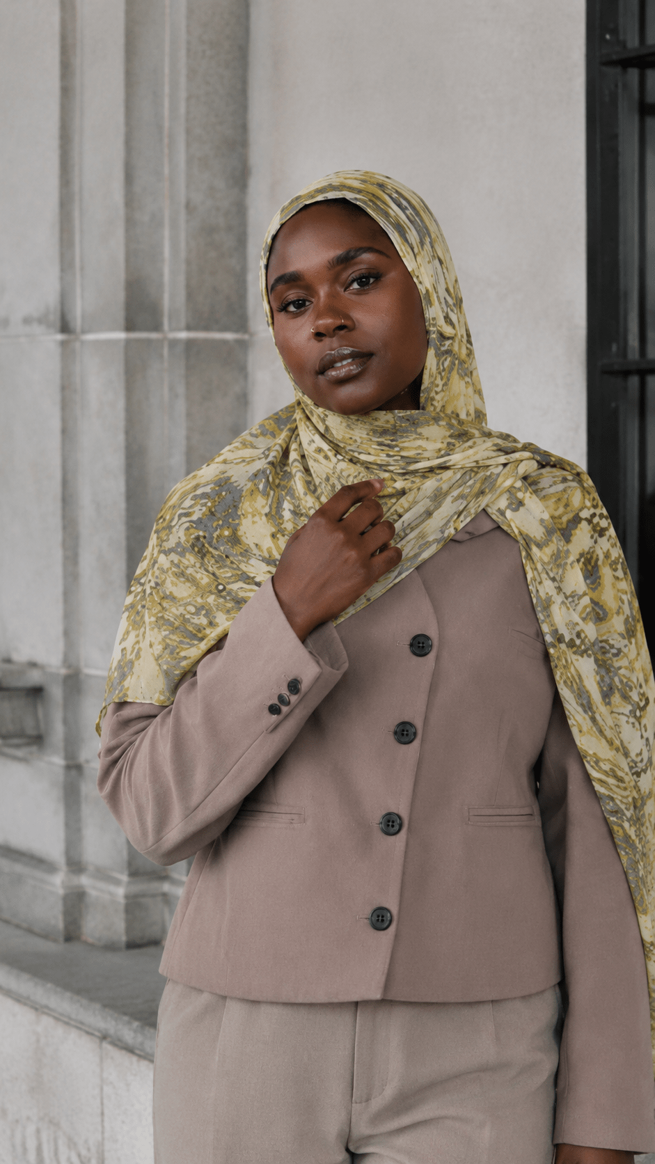 RY115 Cream Olive Green Grey Tiger Eye Marble Hijab Shawl – Women's Head Scarf (80×180cm) - Raya