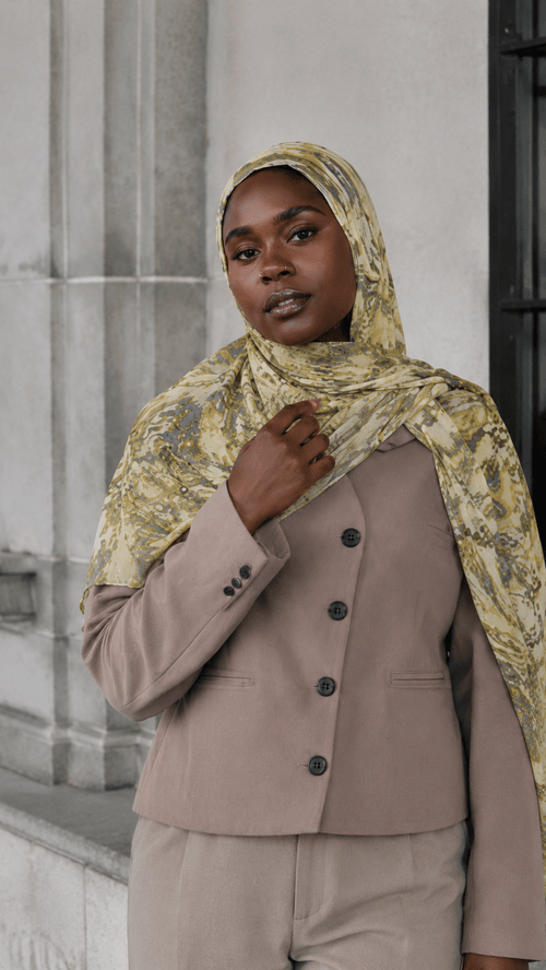 RY115 Cream Olive Green Grey Tiger Eye Marble Hijab Shawl – Women's Head Scarf (80×180cm) - Raya