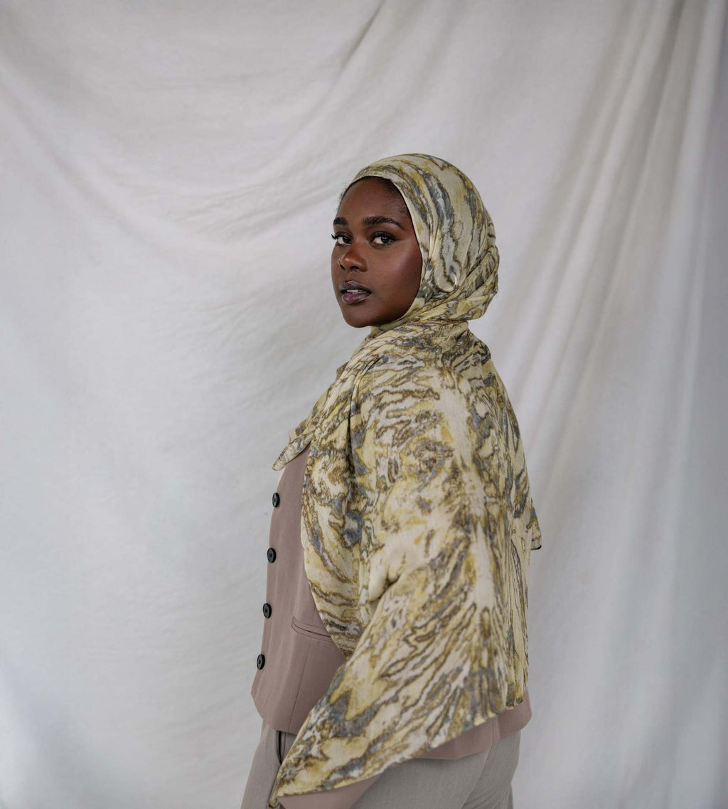 RY115 Cream Olive Green Grey Tiger Eye Marble Hijab Shawl – Women's Head Scarf (80×180cm) - Raya