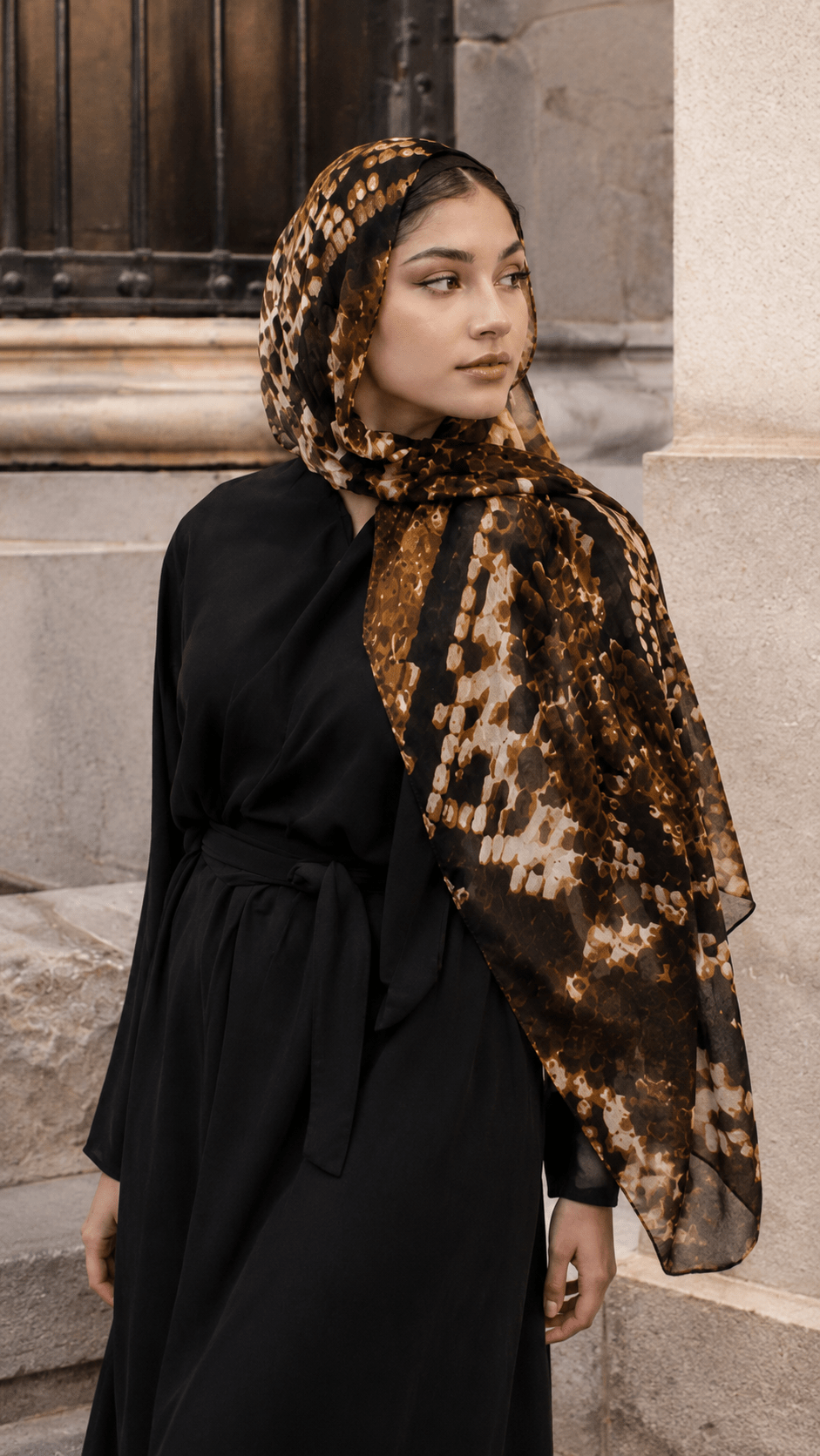 RY116 Black Gold Brown Snakeskin Print Hijab Shawl – Python Women's Head Scarf (80×180cm) - Raya