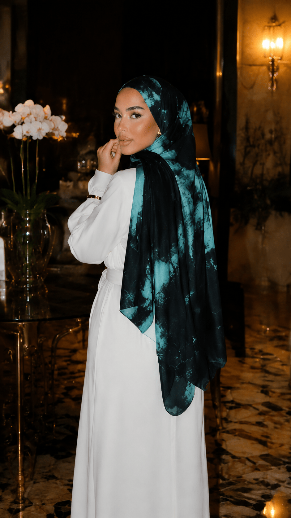 RY118 Navy Blue Teal Aurora Ink Wash Hijab Shawl – Watercolor Women's Head Scarf (80×180cm) - Raya