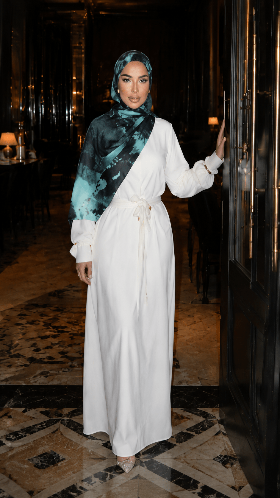 RY118 Navy Blue Teal Aurora Ink Wash Hijab Shawl – Watercolor Women's Head Scarf (80×180cm) - Raya