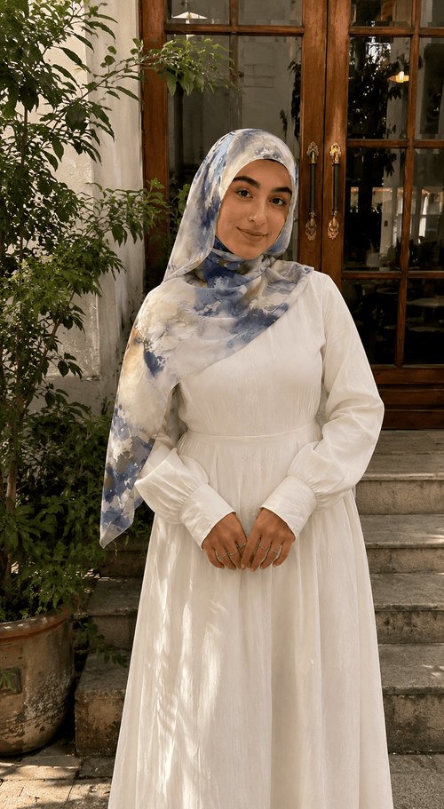 RY119 White Grey Blue Gold Abstract Oil Paint Hijab Shawl – Impressionist Women's Head Scarf (80×180cm) - Raya