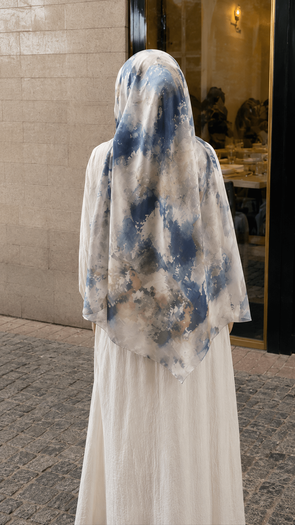 RY119 White Grey Blue Gold Abstract Oil Paint Hijab Shawl – Impressionist Women's Head Scarf (80×180cm) - Raya