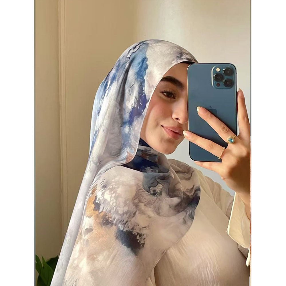 RY119 White Grey Blue Gold Abstract Oil Paint Hijab Shawl – Impressionist Women's Head Scarf (80×180cm) - Raya