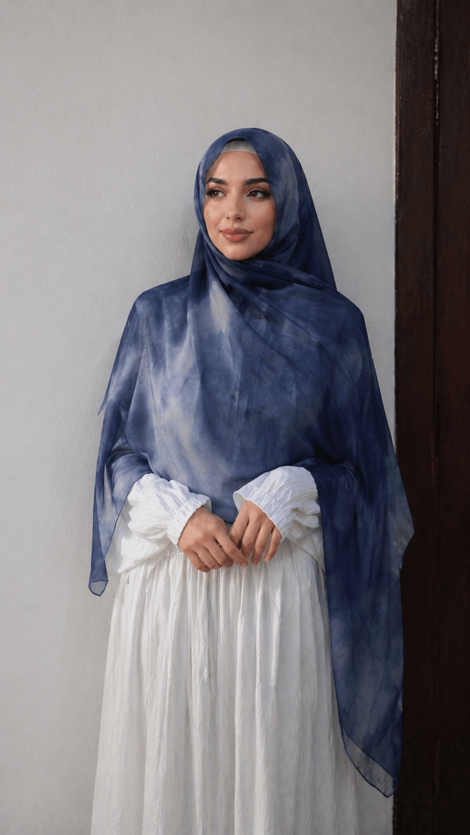 RY12 Navy Blue Abstract Watercolor Hijab Shawl – Sheer Ink Circle Print Women's Head Scarf (80×180cm) - Raya