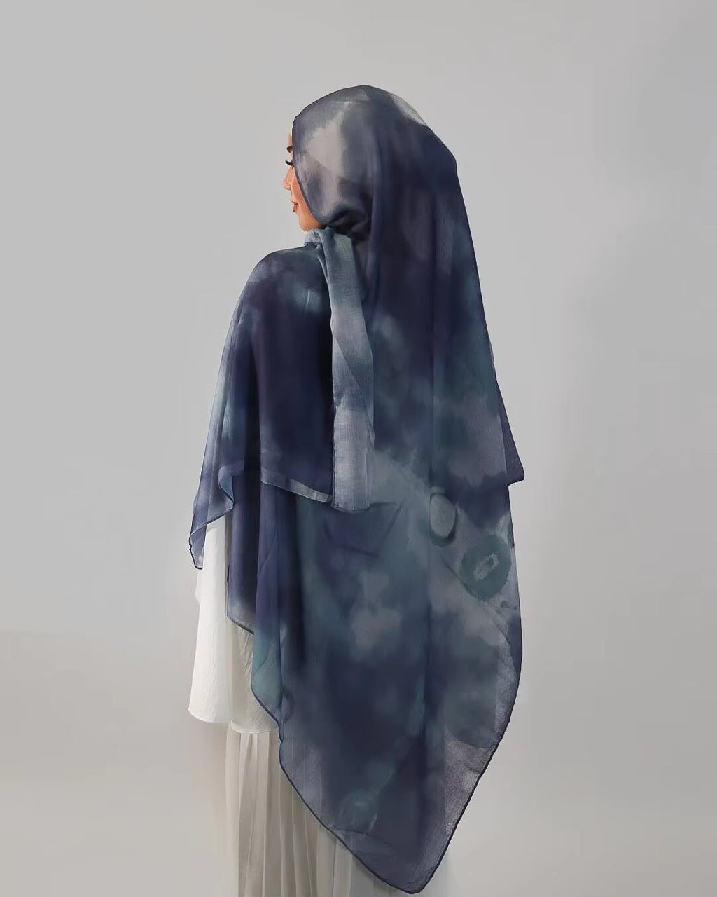 RY12 Navy Blue Abstract Watercolor Hijab Shawl – Sheer Ink Circle Print Women's Head Scarf (80×180cm) - Raya