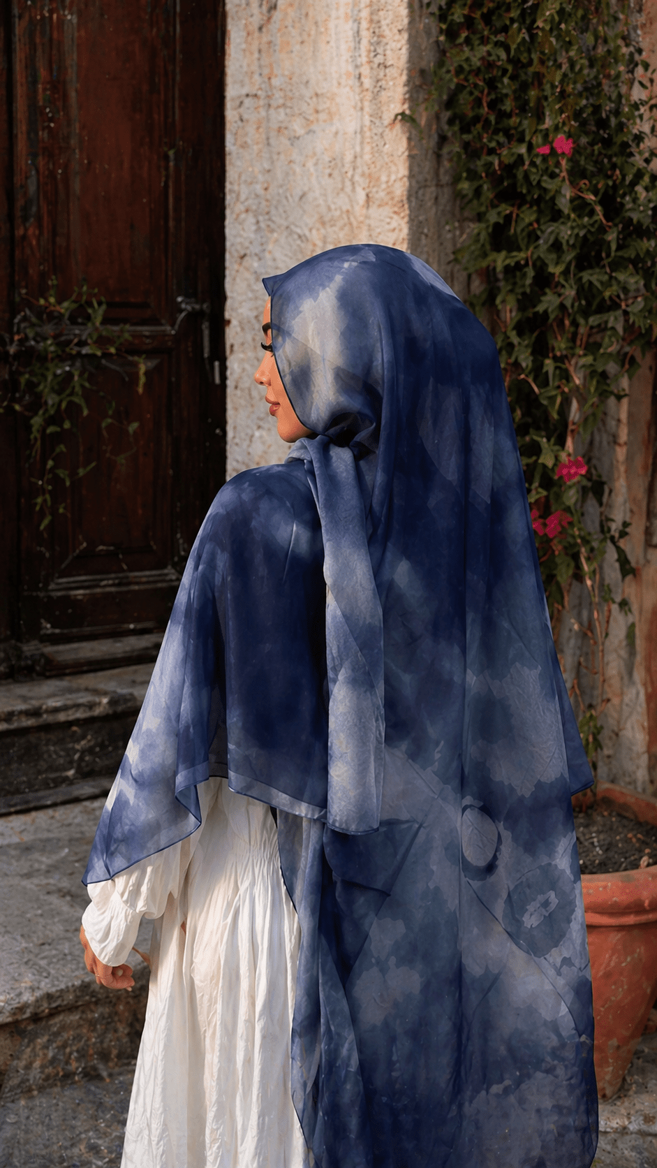 RY12 Navy Blue Abstract Watercolor Hijab Shawl – Sheer Ink Circle Print Women's Head Scarf (80×180cm) - Raya