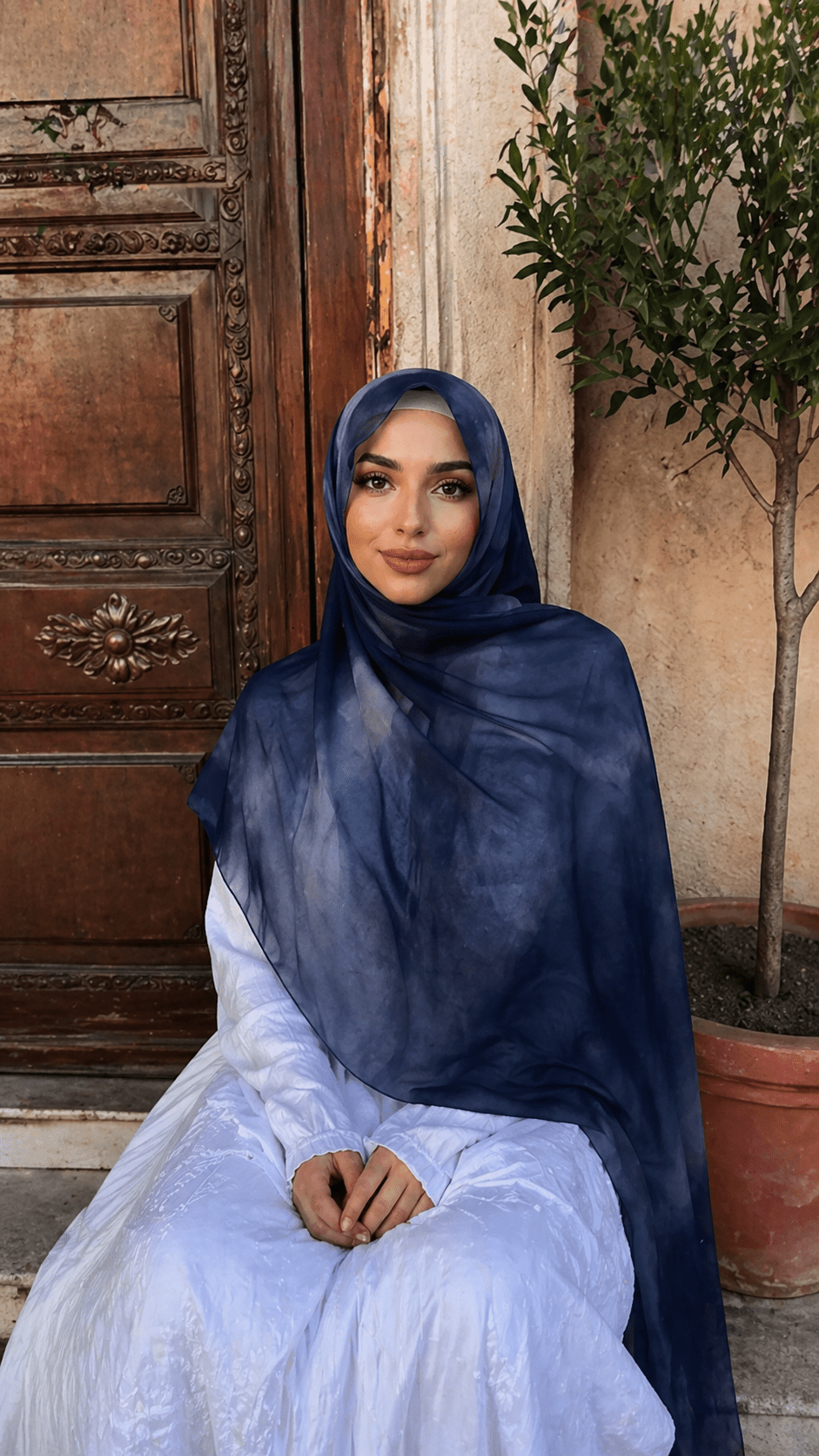 RY12 Navy Blue Abstract Watercolor Hijab Shawl – Sheer Ink Circle Print Women's Head Scarf (80×180cm) - Raya