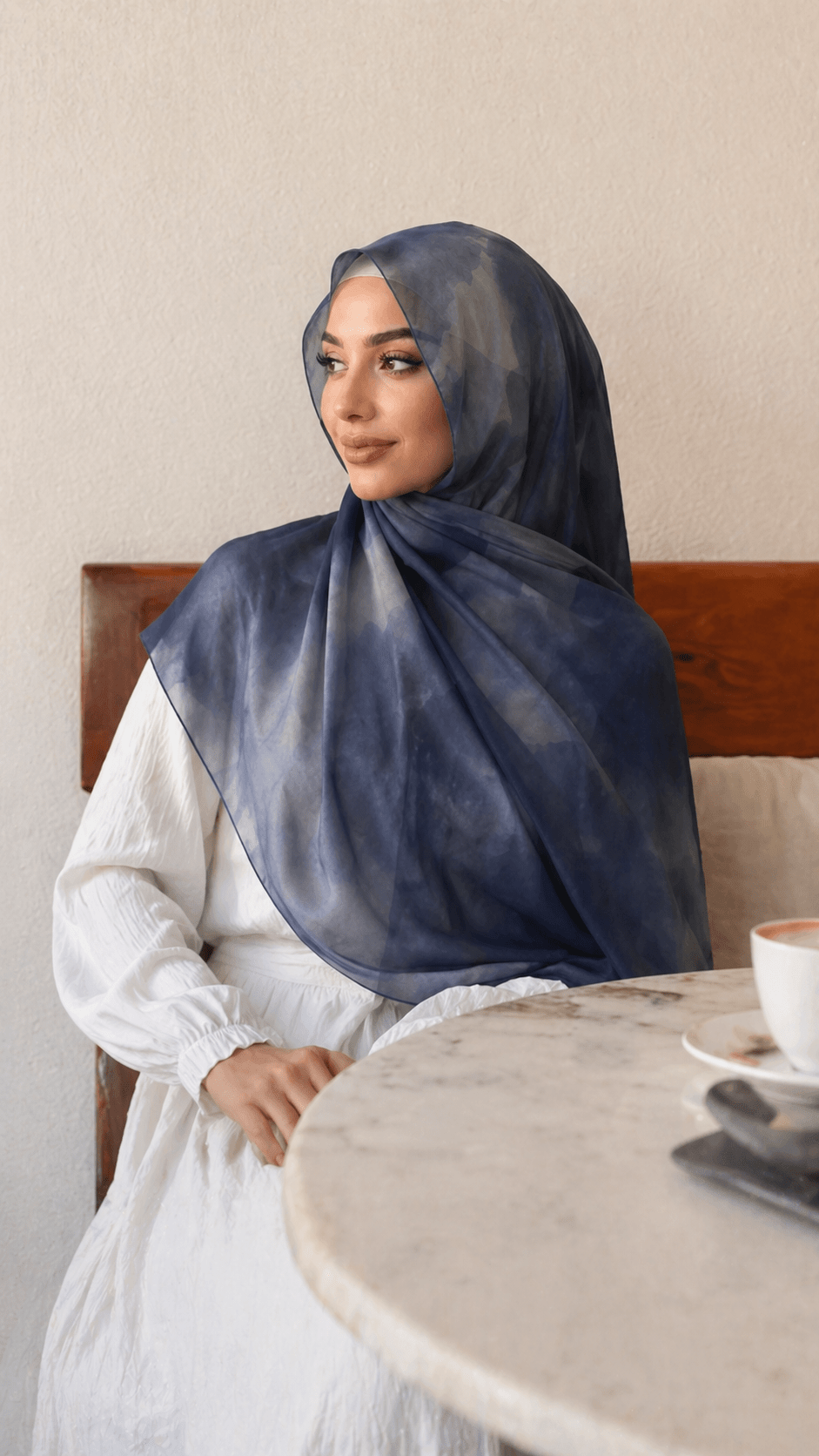 RY12 Navy Blue Abstract Watercolor Hijab Shawl – Sheer Ink Circle Print Women's Head Scarf (80×180cm) - Raya
