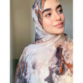 RY122 Sand Grey Rust Brown Abstract Ink Wash Hijab Shawl – Earthy Watercolor Women's Head Scarf (80×180cm) - Raya