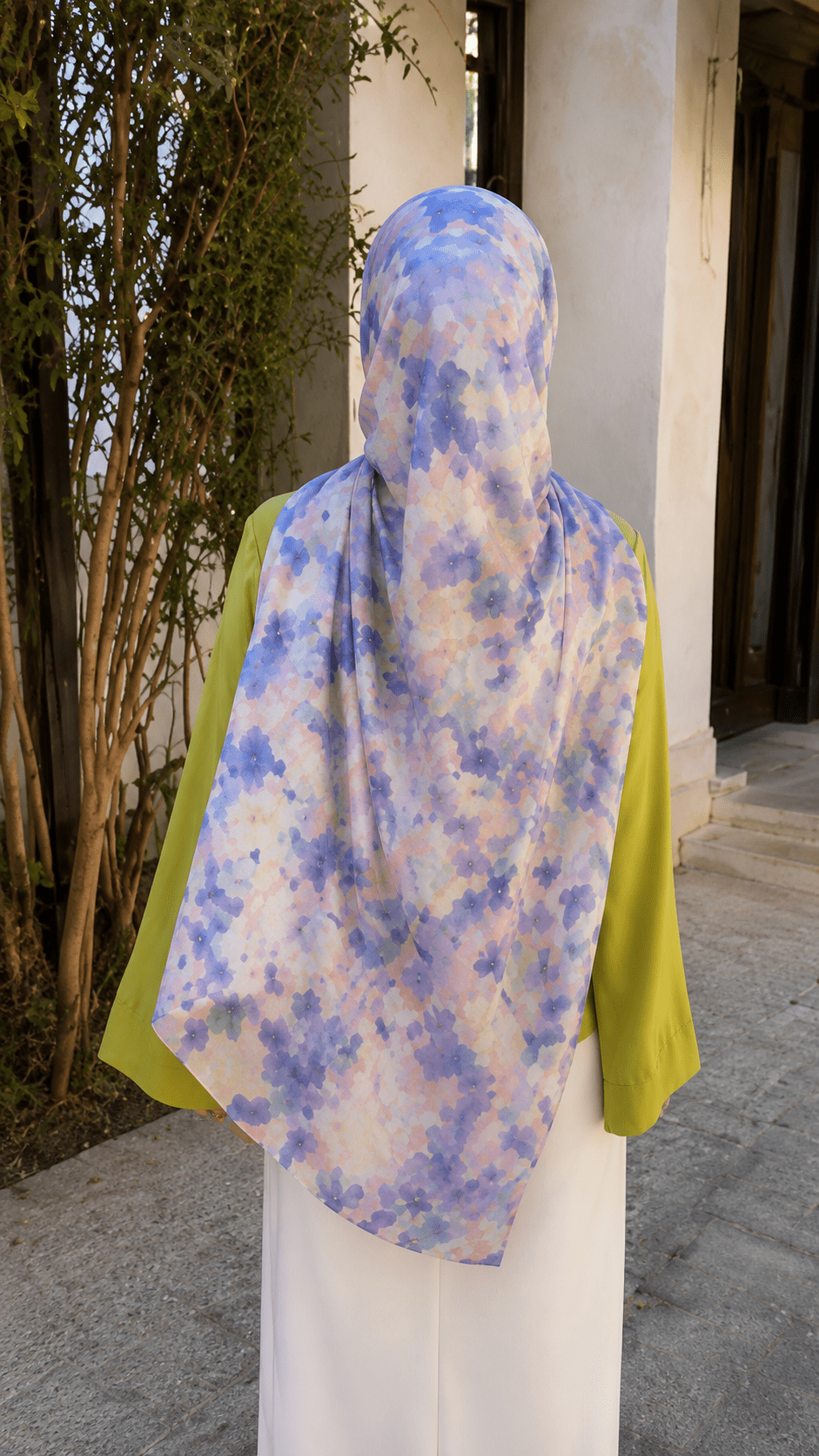 RY123 White Blue Purple Pink Watercolor Floral Hijab Shawl – Monet Garden Women's Head Scarf (80×180cm) - Raya