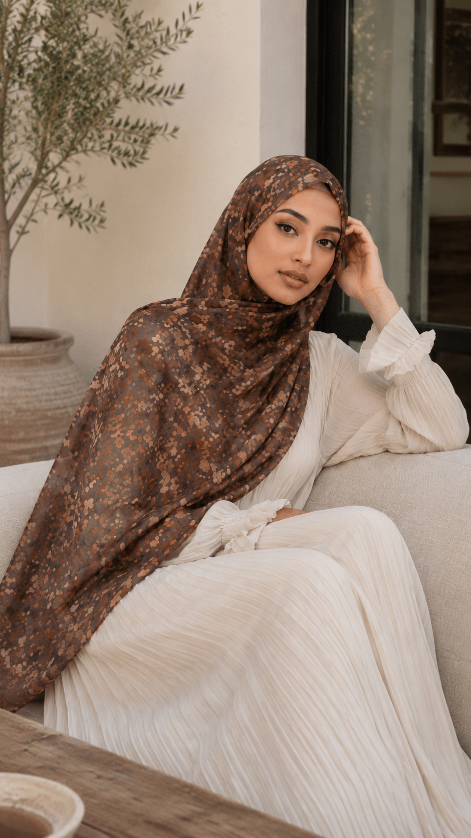 RY126 Chocolate Brown Caramel Tortoiseshell Watercolor Hijab Shawl – Women's Head Scarf (80×180cm) - Raya