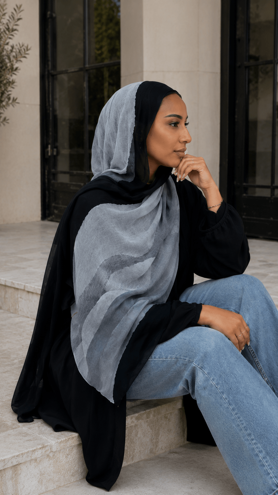 RY128 Black Border Silver Grey Watercolor Hijab Shawl – Ink Wash Women's Head Scarf (80×180cm) - Raya