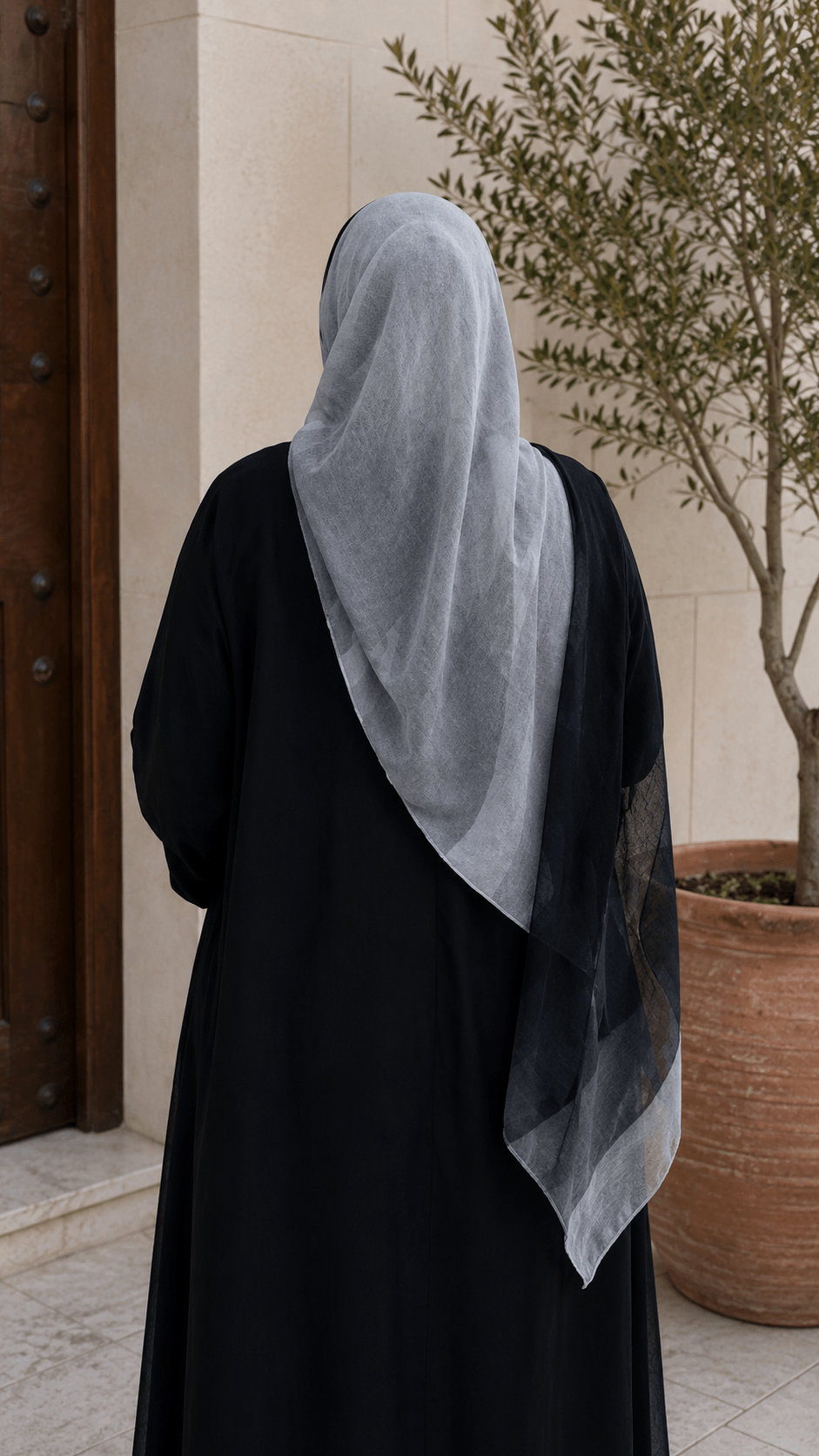 RY128 Black Border Silver Grey Watercolor Hijab Shawl – Ink Wash Women's Head Scarf (80×180cm) - Raya