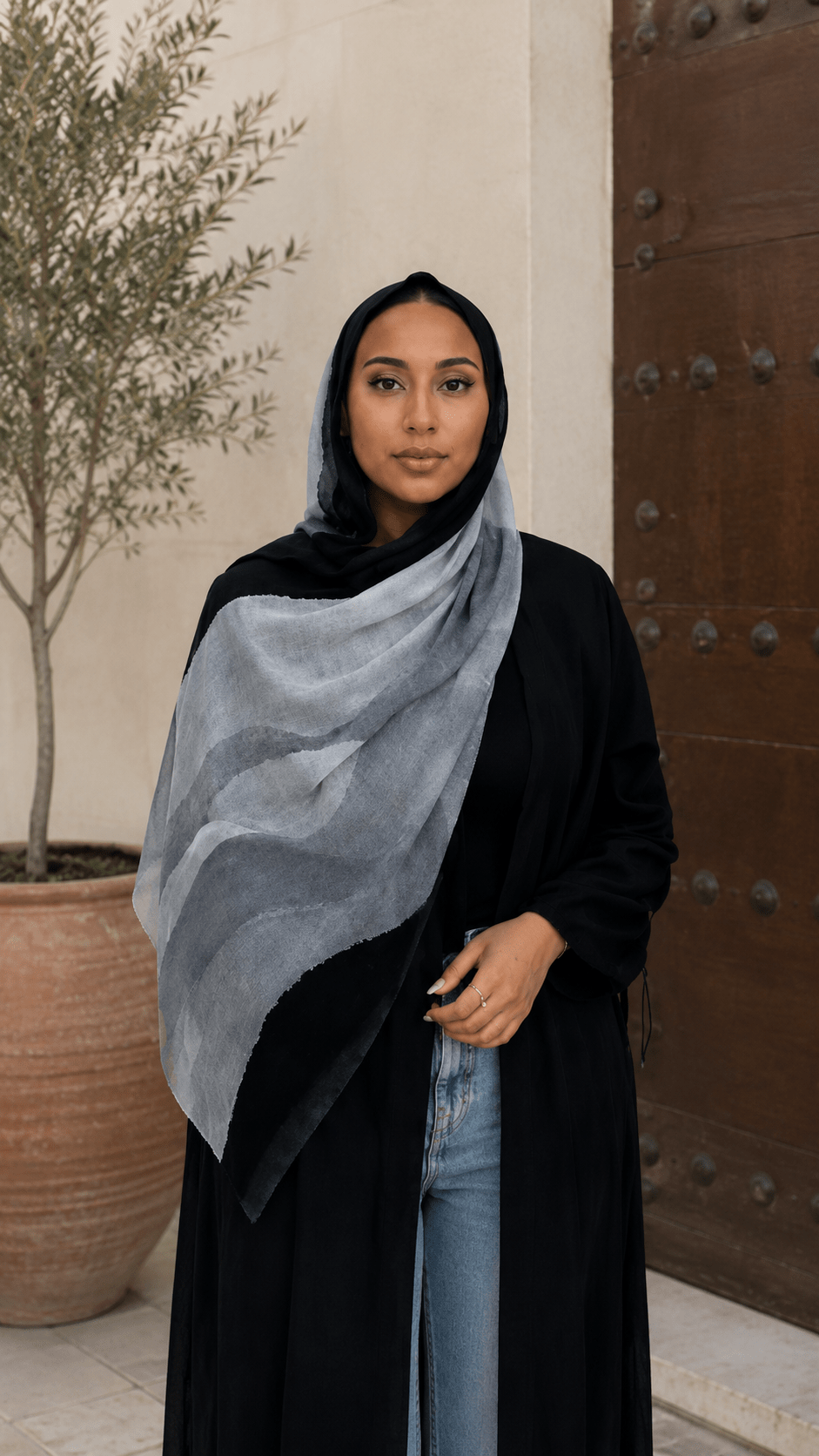 RY128 Black Border Silver Grey Watercolor Hijab Shawl – Ink Wash Women's Head Scarf (80×180cm) - Raya