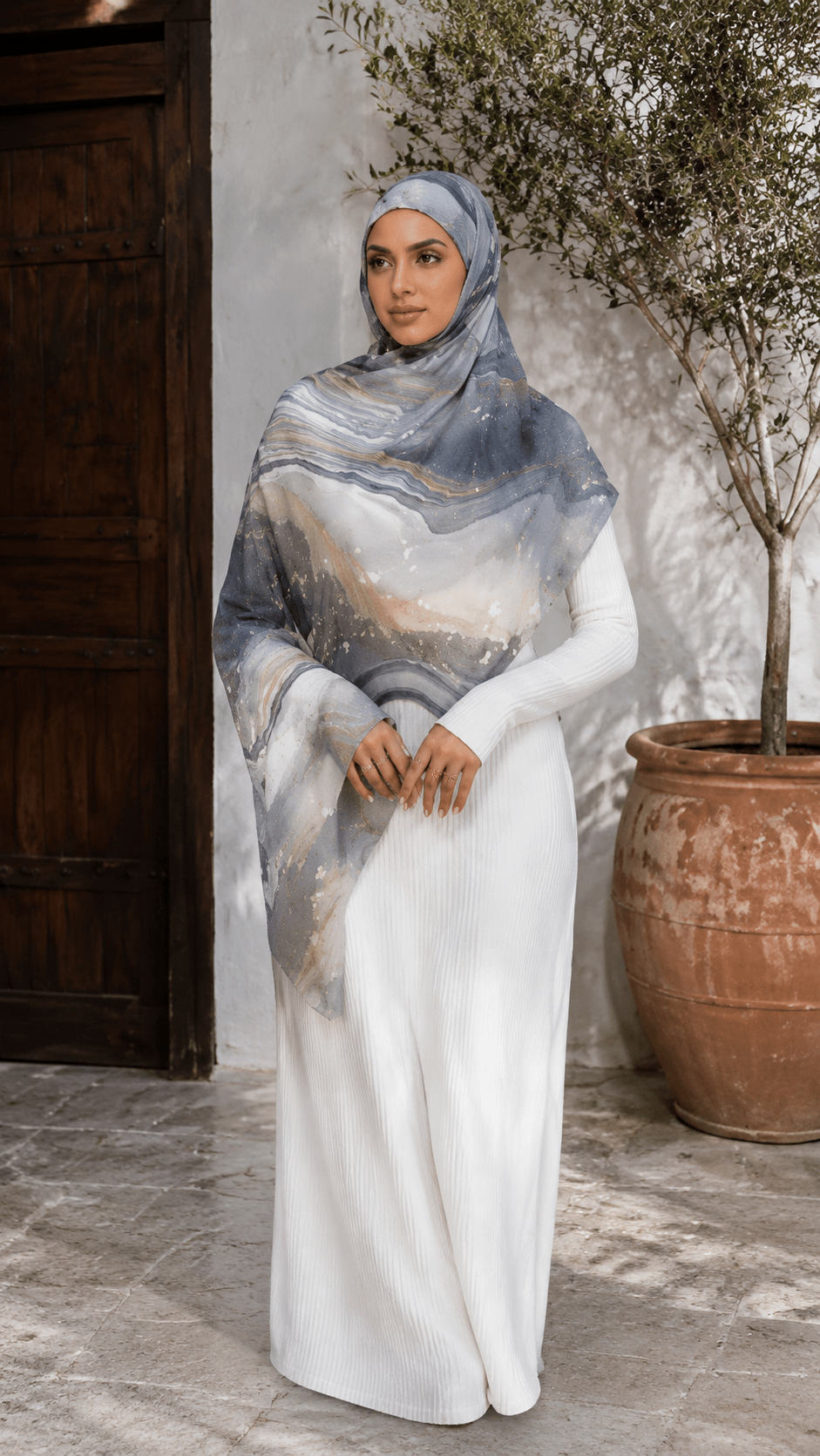 RY130 Grey Blue Sand Beige Ocean Wave Marble Hijab Shawl – Coastal Watercolor Women's Head Scarf (80×180cm) - Raya