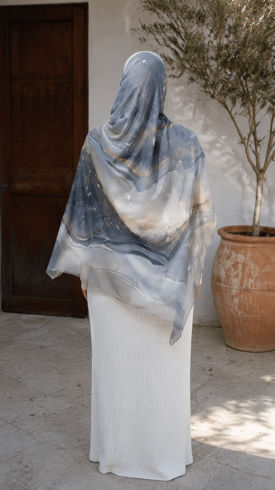 RY130 Grey Blue Sand Beige Ocean Wave Marble Hijab Shawl – Coastal Watercolor Women's Head Scarf (80×180cm) - Raya