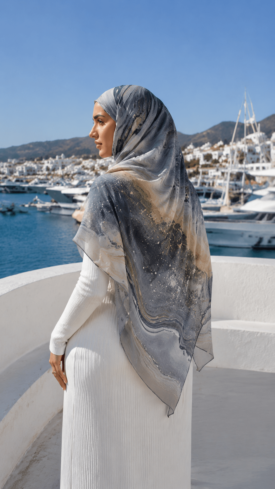 RY130 Grey Blue Sand Beige Ocean Wave Marble Hijab Shawl – Coastal Watercolor Women's Head Scarf (80×180cm) - Raya