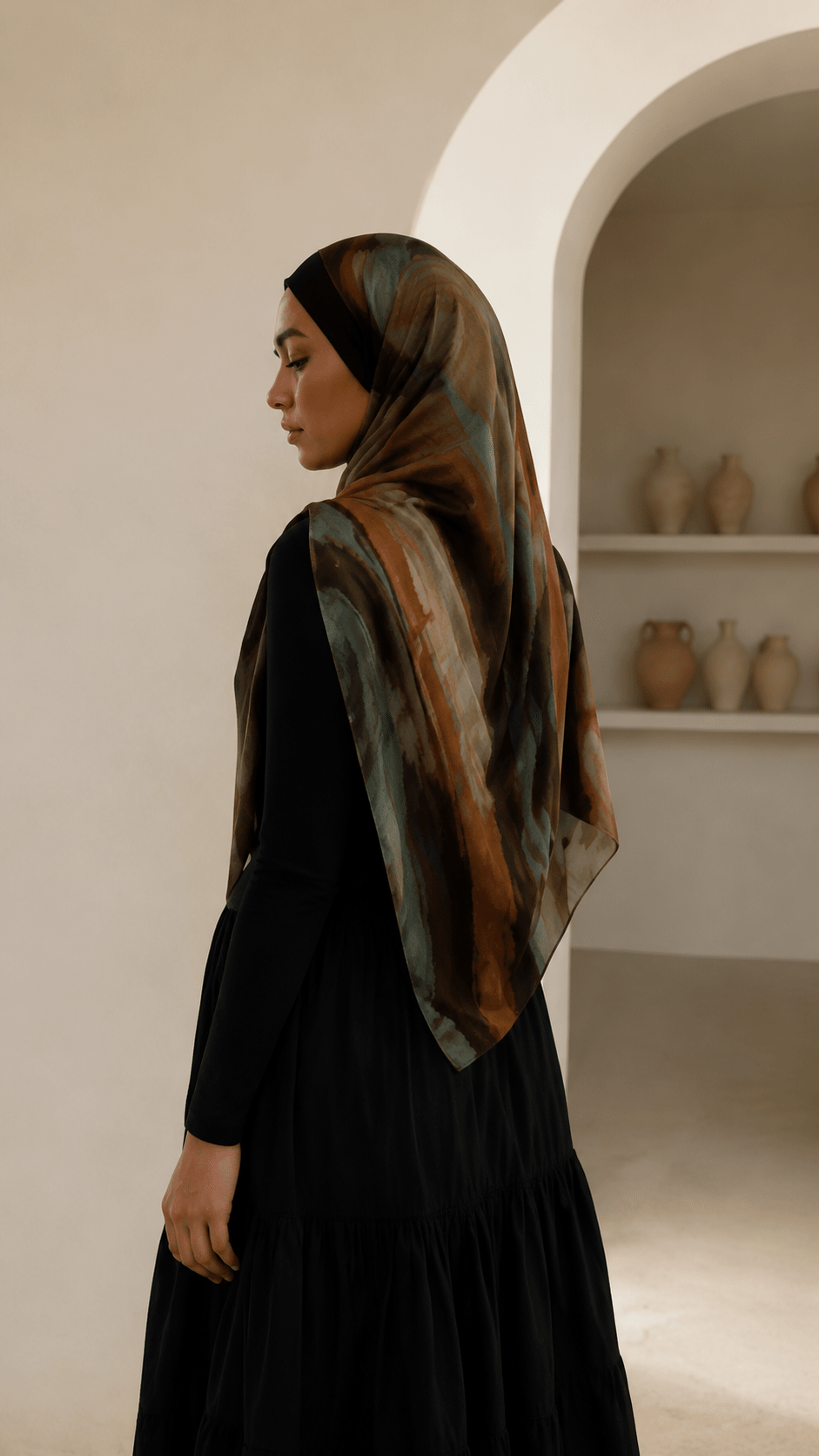 RY139 Olive Green Caramel Brown White Oil Paint Stripe Hijab Shawl – Abstract Women's Head Scarf (80×180cm) - Raya