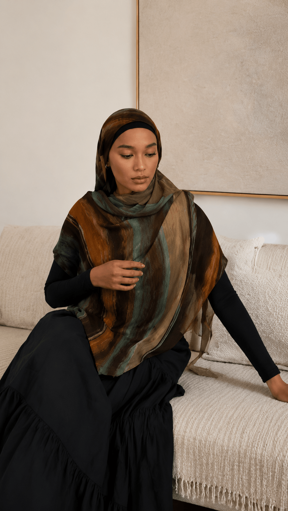RY139 Olive Green Caramel Brown White Oil Paint Stripe Hijab Shawl – Abstract Women's Head Scarf (80×180cm) - Raya