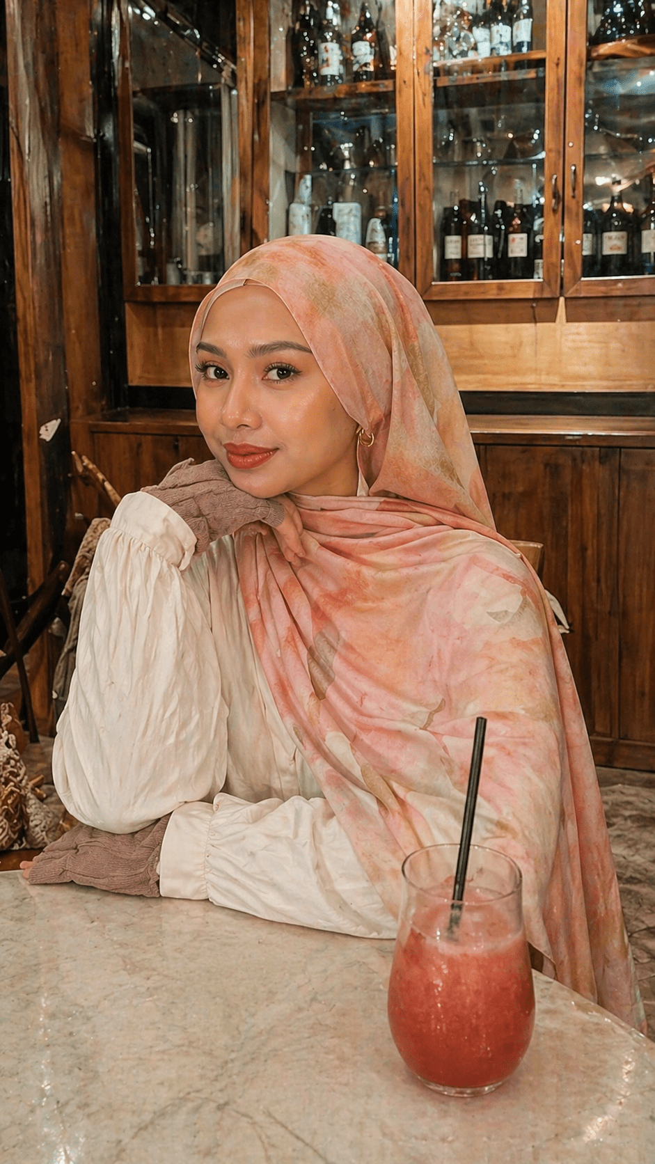 RY14 Blush Marble Watercolor Hijab Shawl – Warm Nude Pink Women's Head Scarf (80×180cm) - Raya