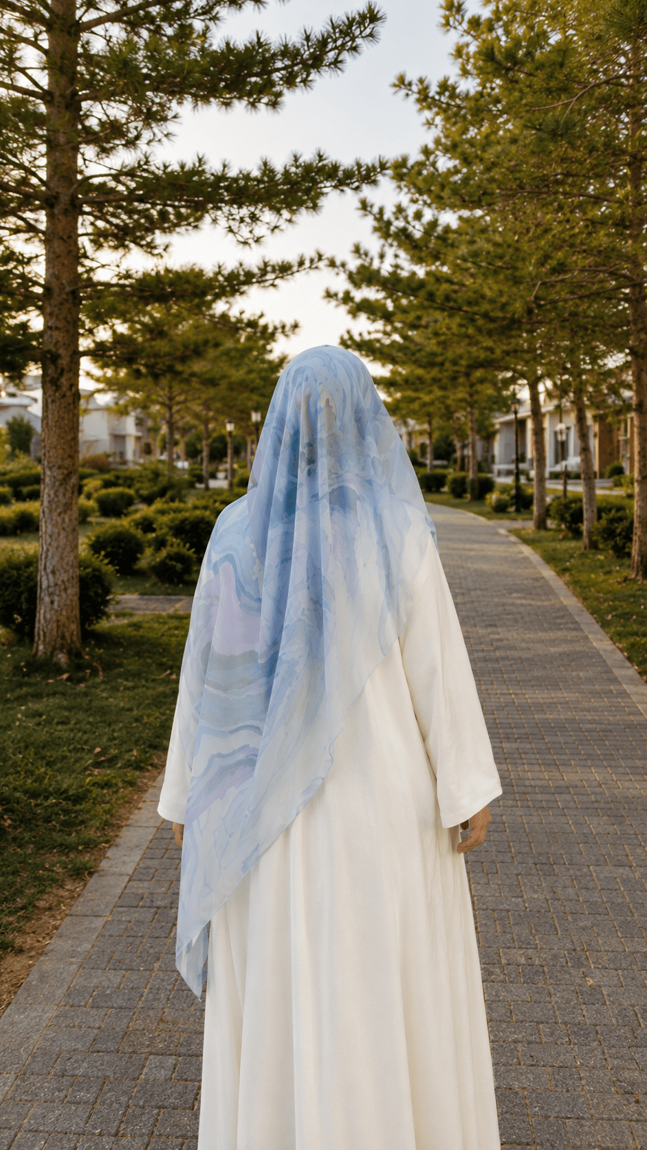 RY142 Ice Blue White Marble Cloud Hijab Shawl – Coastal Watercolor Women's Head Scarf (80×180cm) - Raya