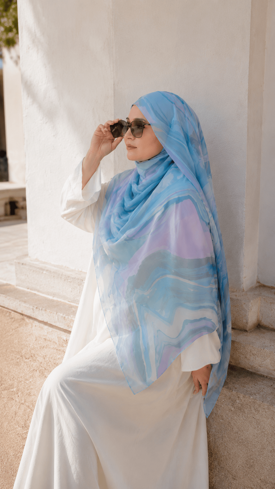 RY142 Ice Blue White Marble Cloud Hijab Shawl – Coastal Watercolor Women's Head Scarf (80×180cm) - Raya