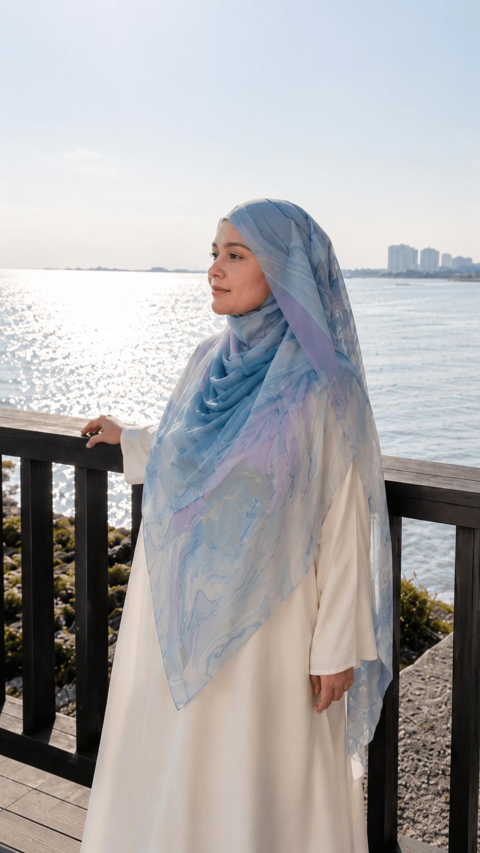 RY142 Ice Blue White Marble Cloud Hijab Shawl – Coastal Watercolor Women's Head Scarf (80×180cm) - Raya